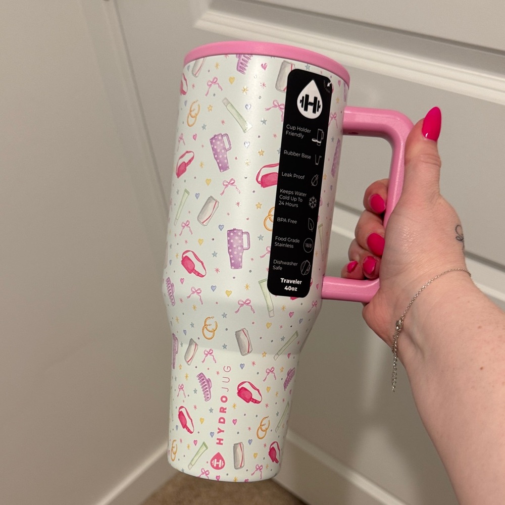 HydroJug White Travel Mug with Pink Handle and Gold Accents